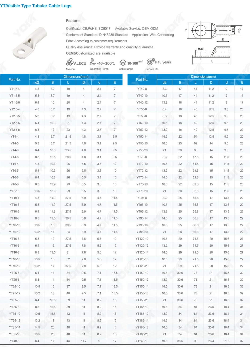 Yisible Type Copper Tubular Cable Lugs