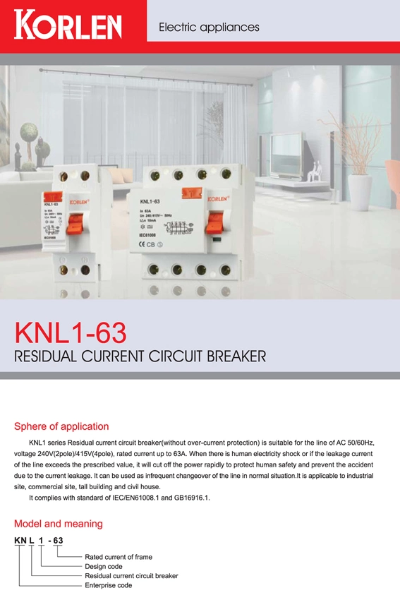 Korlen Residual Current Circuit Breaker RCCB F360 Series CB 63A